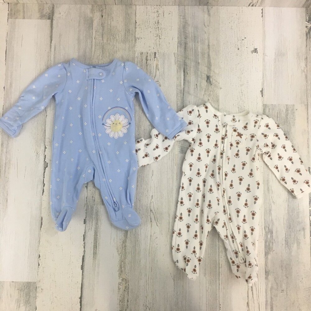 Carters Sz NB Lot of 2 Baby Girls Zipper Footie Romper